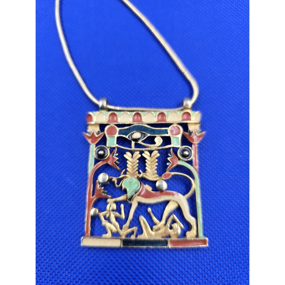 Vintage Egyptian Revival Necklace Enamel Apis Sphinx Eye Horus Gold Tone - Picture 6 of 13